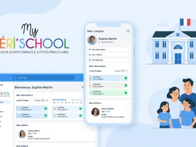 Myperischool affiché à la fois sur ordinateur et smartphone à côté d'une famille et d'une mairie