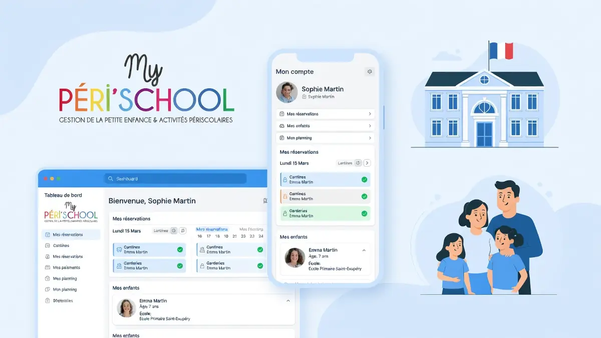Myperischool affiché à la fois sur ordinateur et smartphone à côté d'une famille et d'une mairie