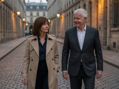 Patricia Allémonière marche avec le conjoint de Patricia Allémonière dans une rue parisienne.