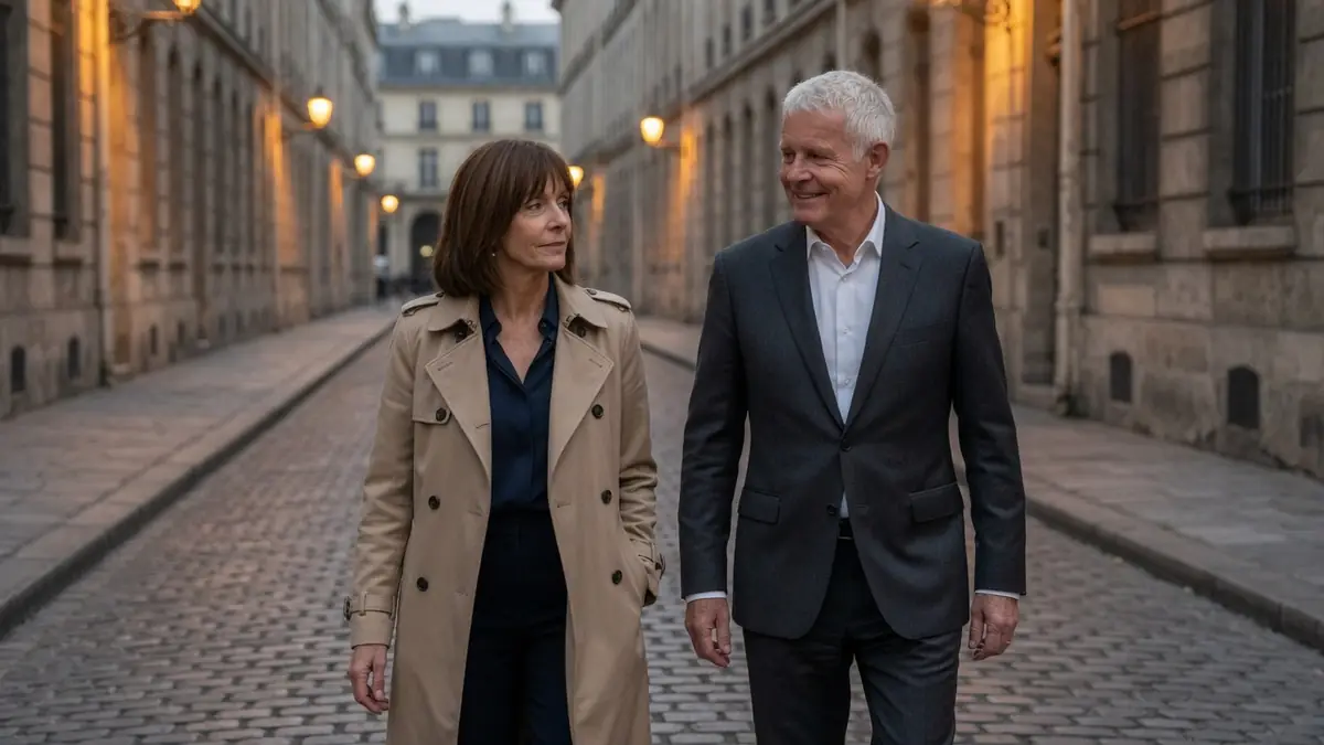 Patricia Allémonière marche avec le conjoint de Patricia Allémonière dans une rue parisienne.