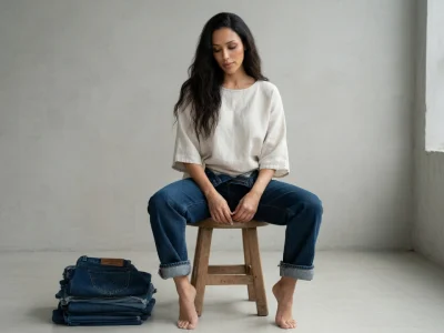 Une femme aux cheveux longs assise pieds nus sur un tabouret, évoquant une esthétique naked et authentique