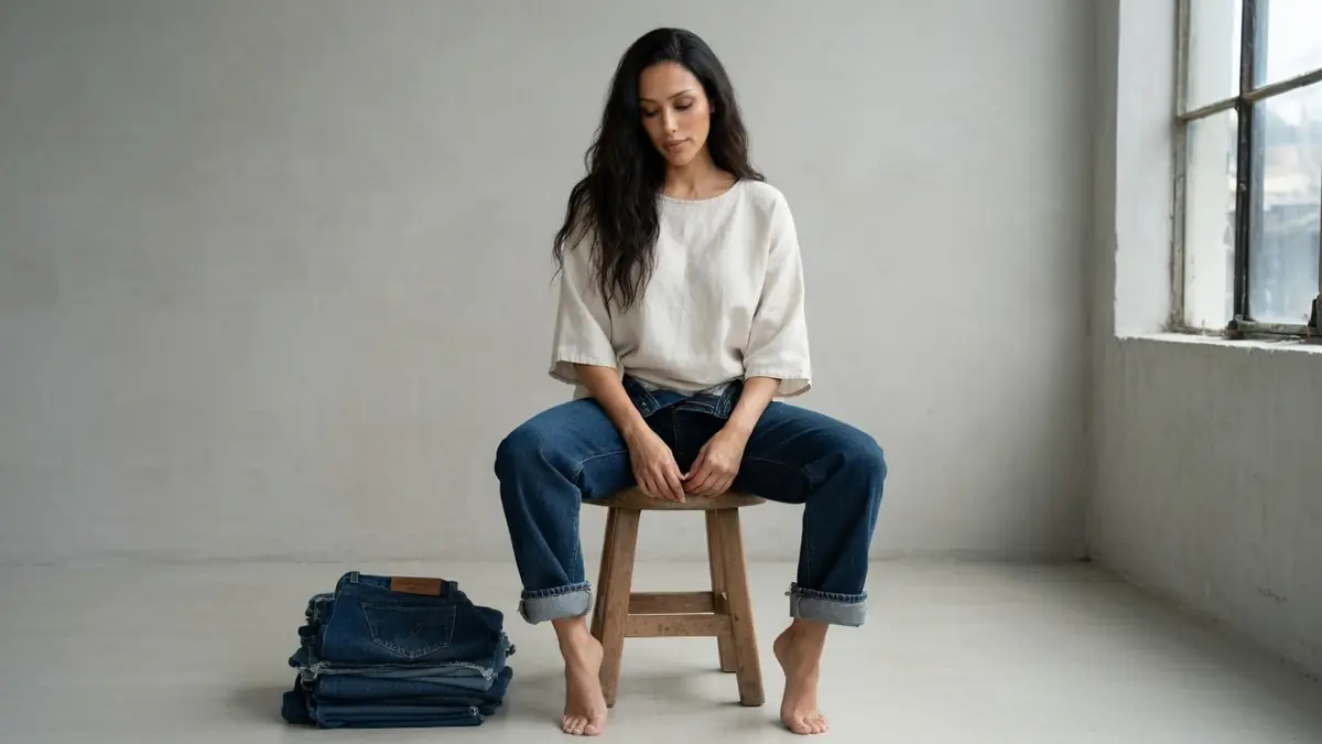 Une femme aux cheveux longs assise pieds nus sur un tabouret, évoquant une esthétique naked et authentique