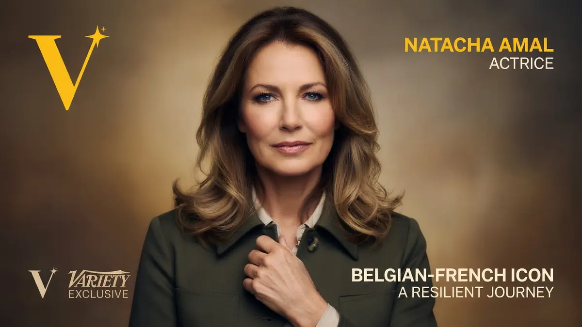 Portrait élégant et sérieux de l'actrice Natacha Amal posant devant un fond neutre