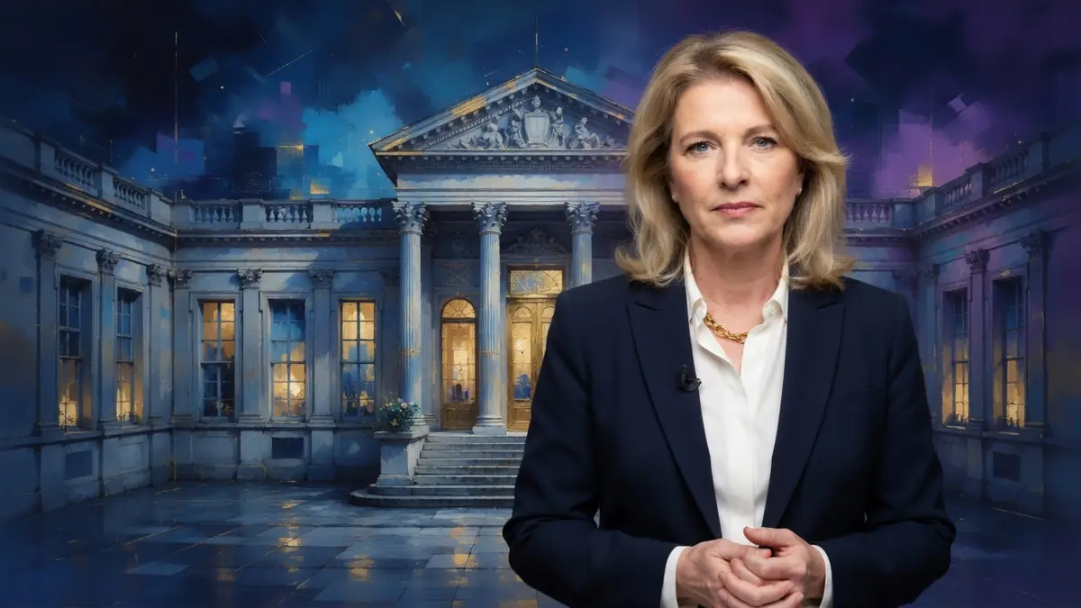 Nathalie Fellonneau se tient les mains croisées devant un palais de justice illuminé