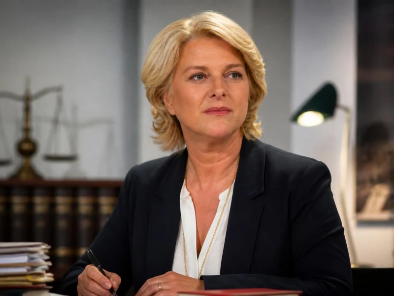 Portrait de Nathalie Fellonneau assise à son bureau avec des dossiers et une balance de justice en arrière-plan
