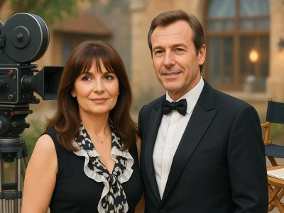 Nathalie Lecoultre pose aux côtés de Jean-Luc Reichmann devant une caméra de cinéma professionnelle