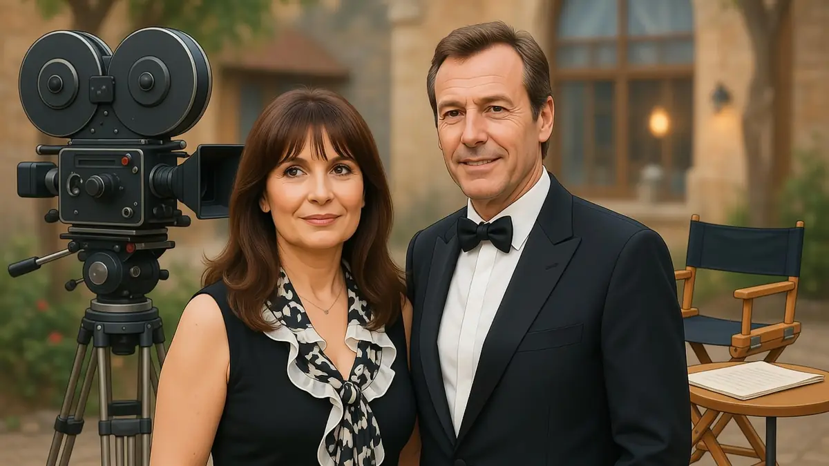 Nathalie Lecoultre pose aux côtés de Jean-Luc Reichmann devant une caméra de cinéma professionnelle