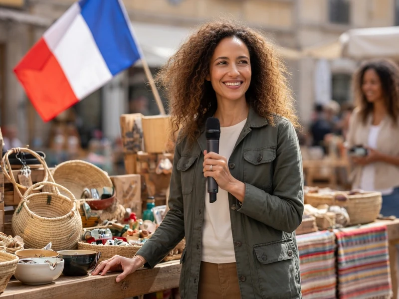 Nathalie Schraen-Guirma sourit avec un micro à la main sur un marché artisanal devant le drapeau français