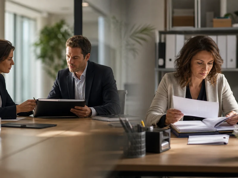 Réunion de bureau illustrant un NDA et un dossier de formation professionnelle.
