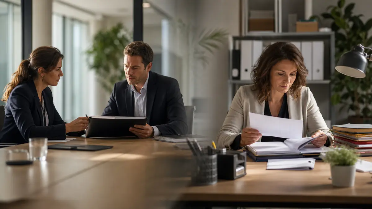 Réunion de bureau illustrant un NDA et un dossier de formation professionnelle.