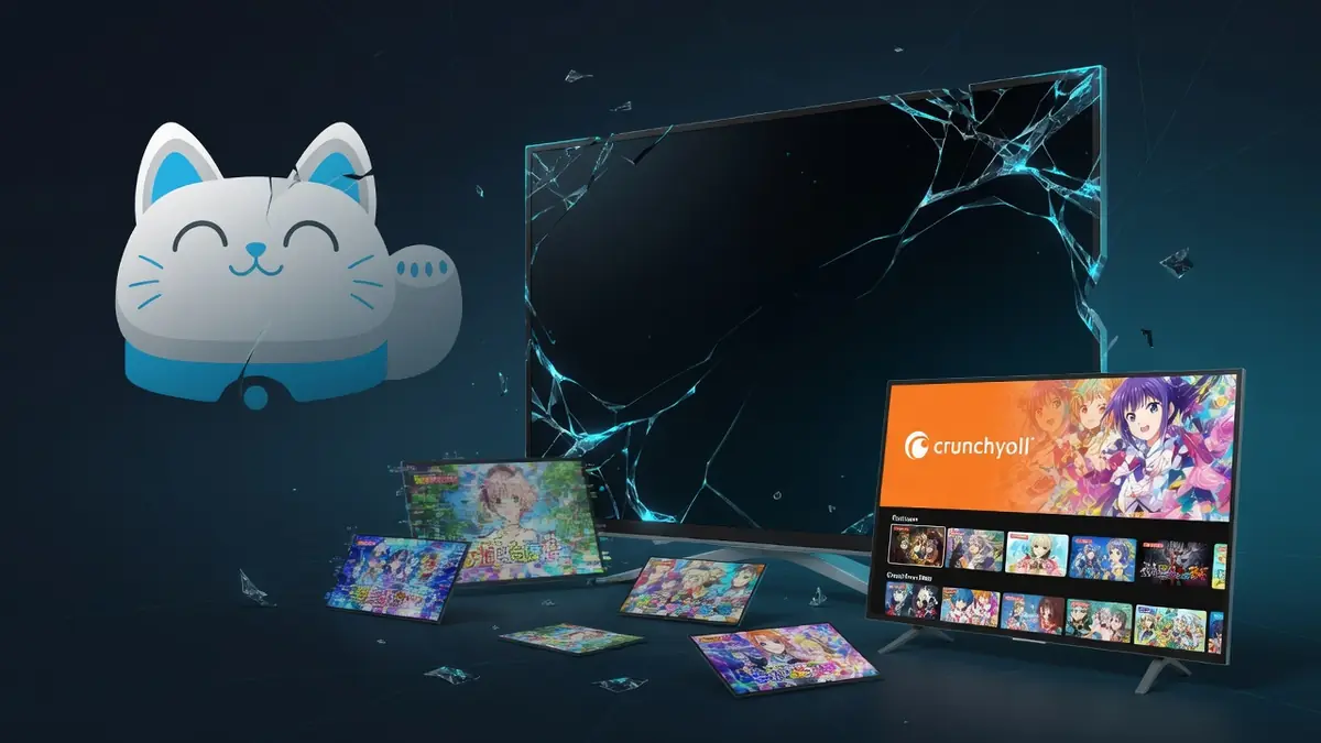 Illustration d'écrans fissurés symbolisant la chute de la plateforme de streaming Neko Sama