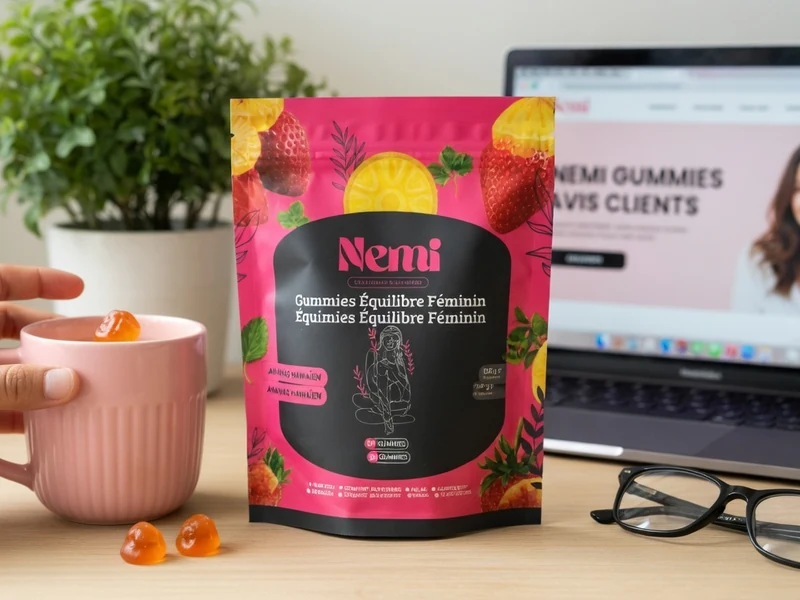Une main tenant une tasse rose avec gummies orange près d'un sachet sur un bureau avec ordinateur pour Nemi Gummies avis