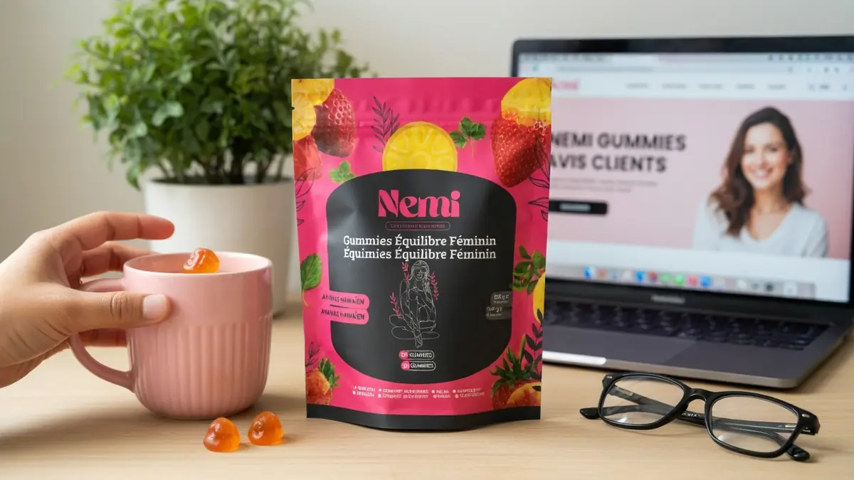 Une main tenant une tasse rose avec gummies orange près d'un sachet sur un bureau avec ordinateur pour Nemi Gummies avis
