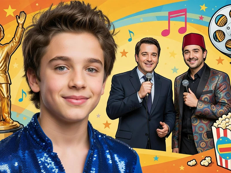 Nicolas Jouxtel apparaît au premier plan d'une composition festive avec des artistes et des icônes du divertissement