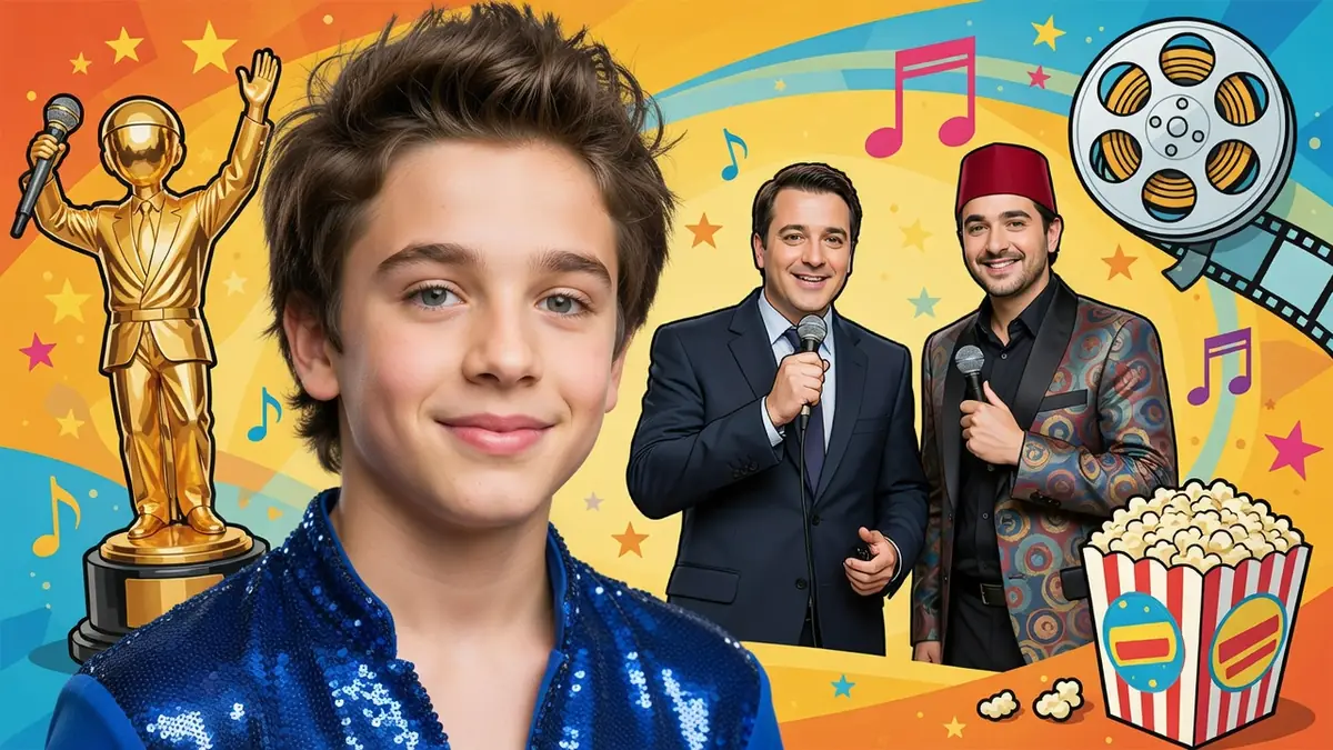 Nicolas Jouxtel apparaît au premier plan d'une composition festive avec des artistes et des icônes du divertissement
