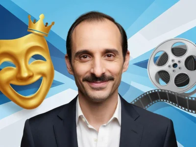 Portrait de l'acteur Nicolas Lumbreras entouré d'un masque de théâtre et d'une bobine de film sur fond bleu