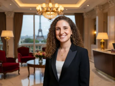 Nina Fam se tient souriante dans un luxueux hall d'hôtel avec vue sur la tour Eiffel