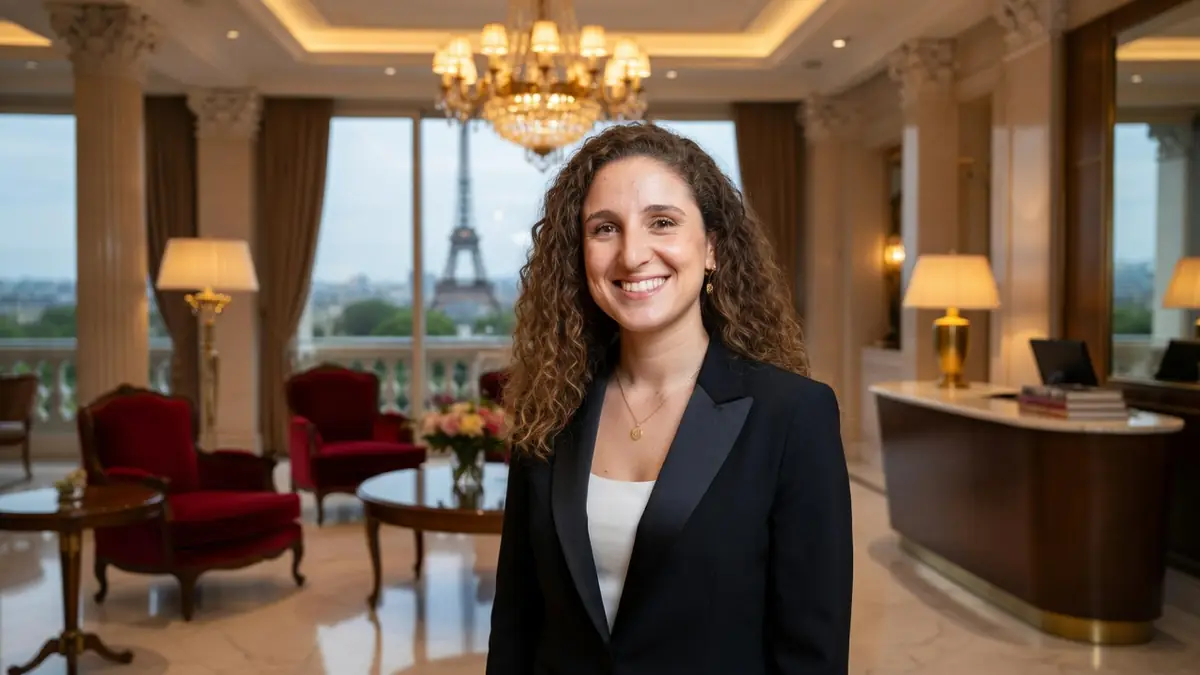 Nina Fam se tient souriante dans un luxueux hall d'hôtel avec vue sur la tour Eiffel