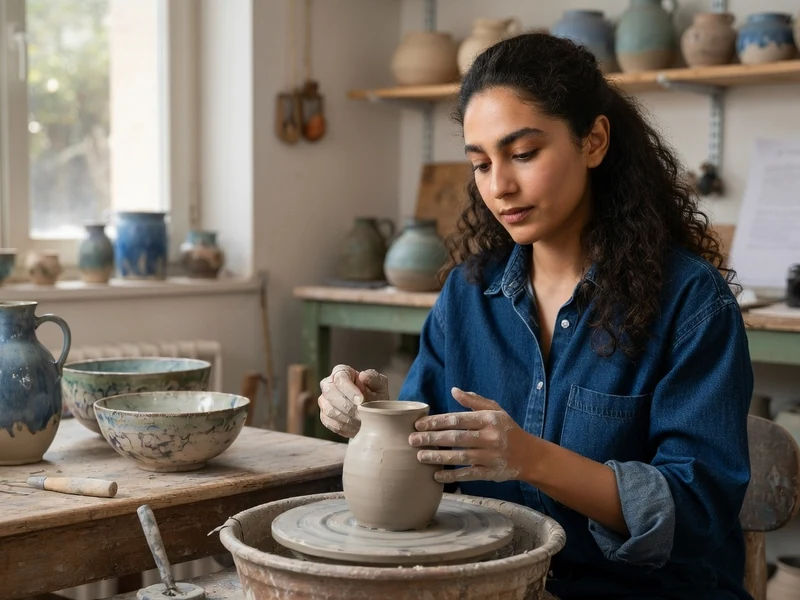 Nina Zem façonne avec soin une pièce en céramique sur son tour de potier dans son atelier lumineux