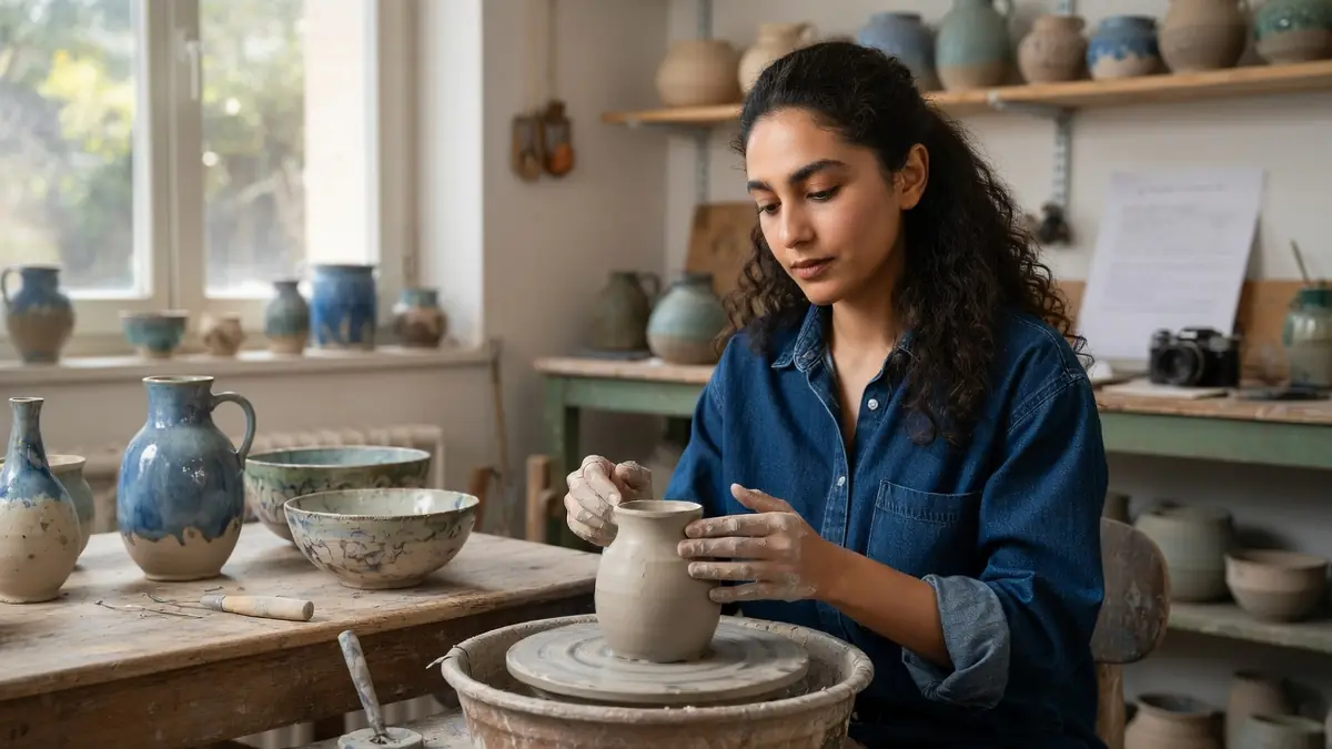 Nina Zem façonne avec soin une pièce en céramique sur son tour de potier dans son atelier lumineux