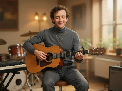 Noé Boon joue de la guitare acoustique avec passion dans son studio de musique aménagé