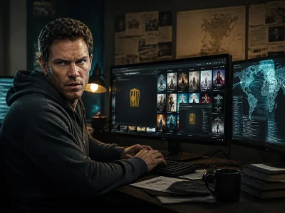 Un homme concentré travaille devant des écrans affichant des interfaces de streaming pour le projet Noklav