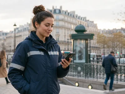 Nomades apps consultées par une agente en mobilité dans les rues de Paris.