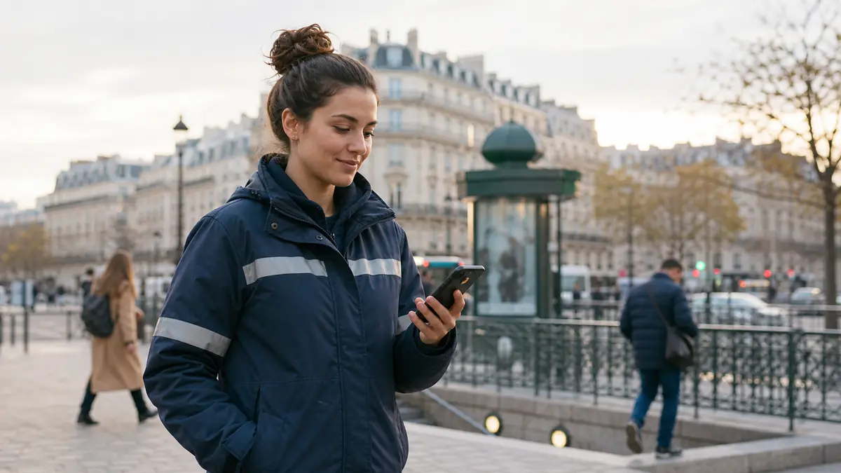 Nomades apps consultées par une agente en mobilité dans les rues de Paris.
