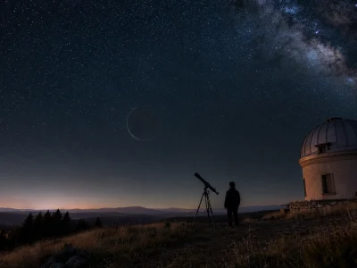 La nouvelle Lune juin 2026 se devine au-dessus d'un observatoire sous un ciel profond.