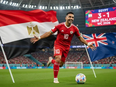 Un joueur égyptien célèbre un but lors du match Nouvelle-Zélande – Égypte dans un stade de football rempli