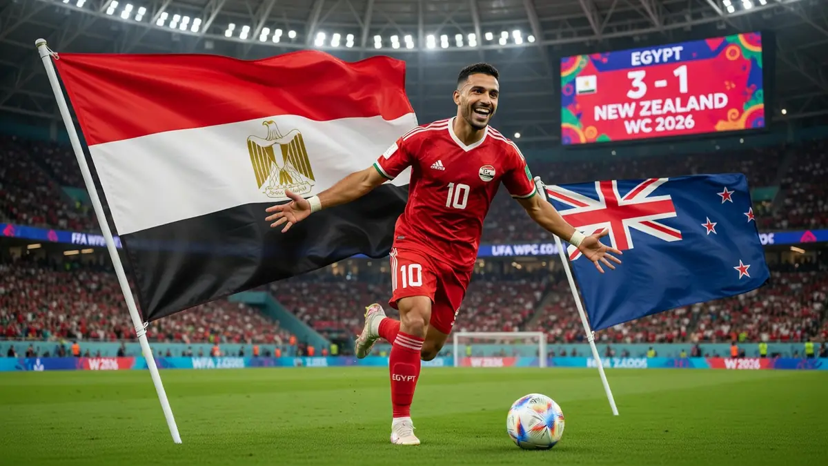 Un joueur égyptien célèbre un but lors du match Nouvelle-Zélande – Égypte dans un stade de football rempli