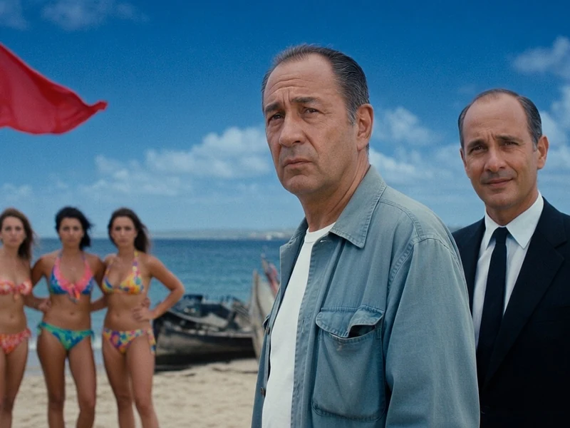 Deux hommes sur une plage avec des femmes en bikini et un drapeau rouge indiquant noyade interdite