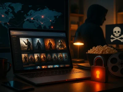 Un ordinateur affichant une interface de streaming type Nozgap dans une pièce sombre avec un cadenas lumineux