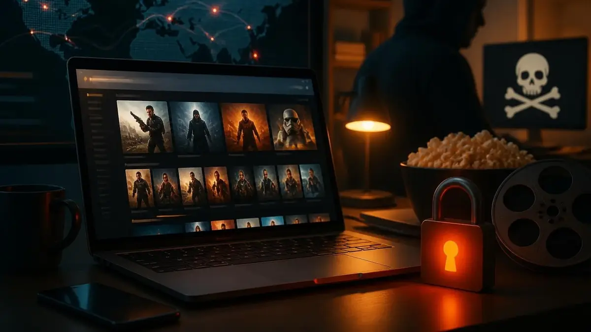 Un ordinateur affichant une interface de streaming type Nozgap dans une pièce sombre avec un cadenas lumineux