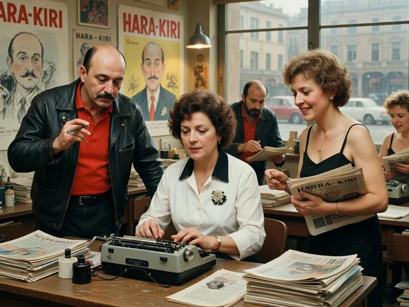Odile Vaudelle est assise devant une machine à écrire dans un bureau de rédaction rétro entourée de collègues.