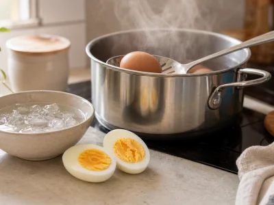 durée de cuisson œuf dur dans une casserole avec des oeufs coupes et un bain glace.