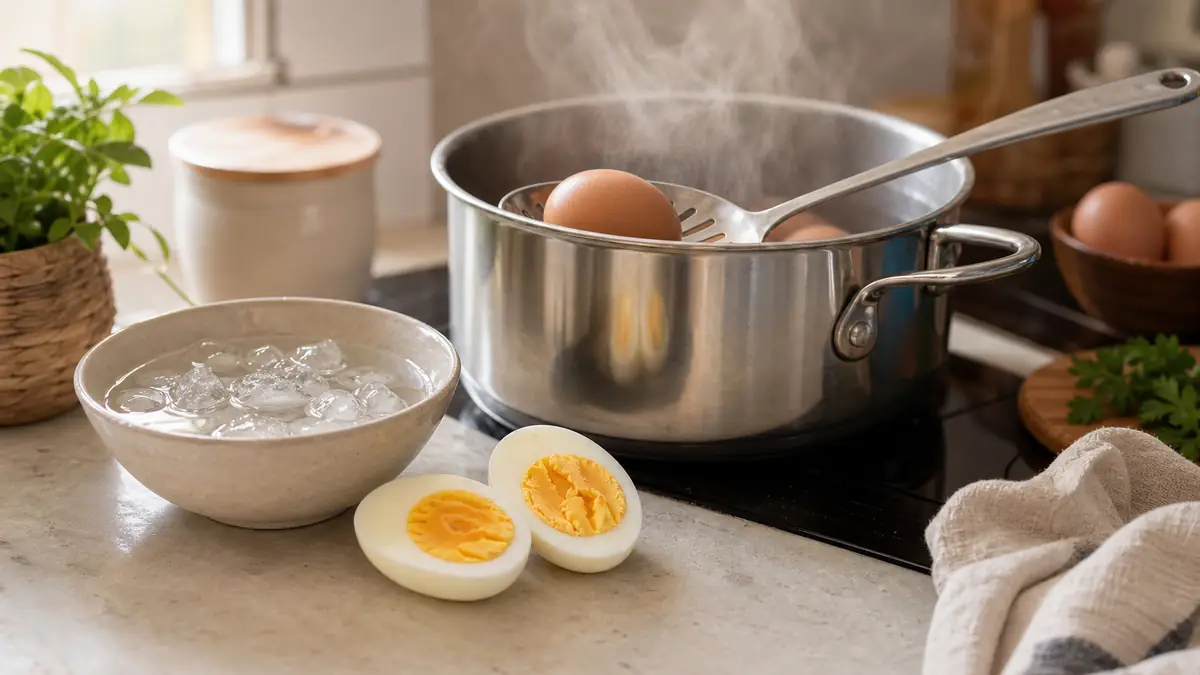 durée de cuisson œuf dur dans une casserole avec des oeufs coupes et un bain glace.