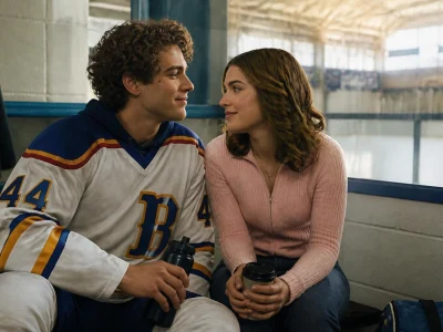 Un jeune joueur de hockey et une étudiante se regardent tendrement dans la série off Campus