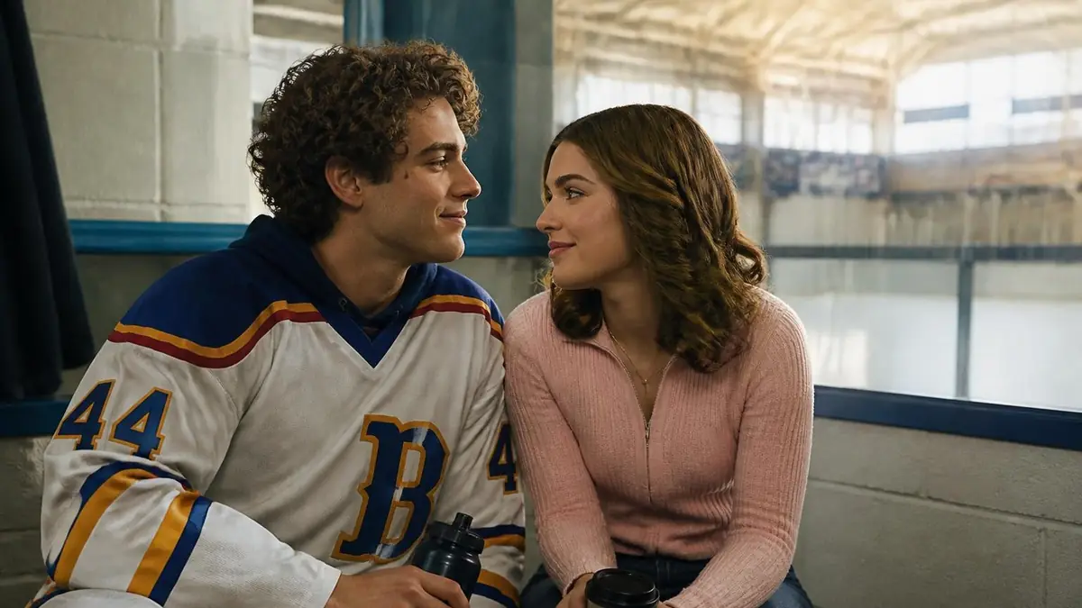 Un jeune joueur de hockey et une étudiante se regardent tendrement dans la série off Campus