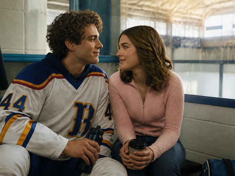 Un jeune joueur de hockey et une étudiante se regardent tendrement dans la série off Campus