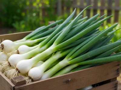 Une caisse en bois remplie d'oignons nouveaux fraîchement récoltés dans un jardin potager