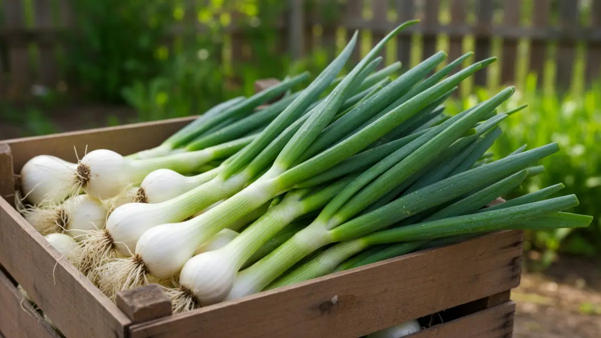 Une caisse en bois remplie d'oignons nouveaux fraîchement récoltés dans un jardin potager