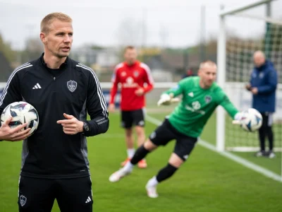 Olivier Blondel observe un gardien plongeant pour saisir le ballon sur le terrain