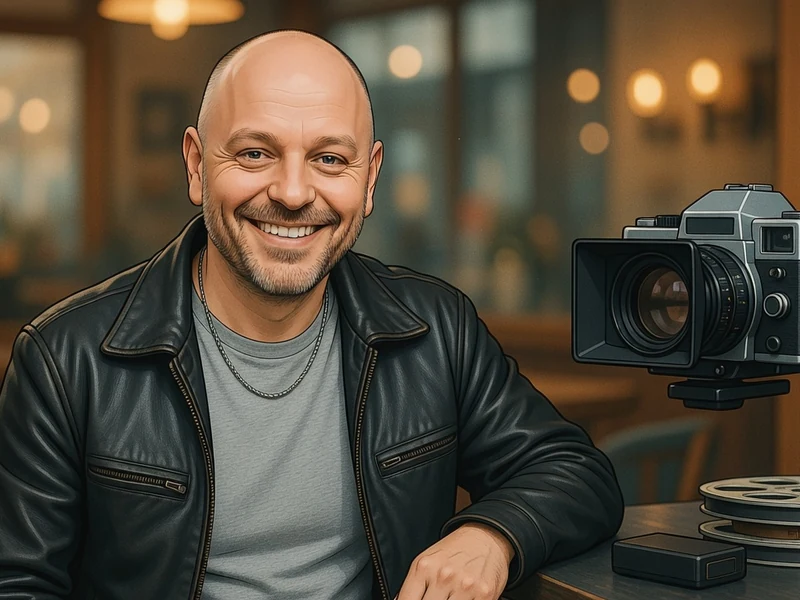 Olivier Brocheriou sourit à côté d'une caméra vintage et de bobines de film sur une table