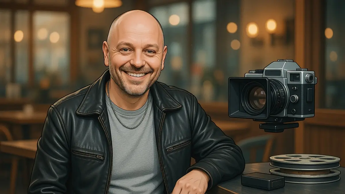 Olivier Brocheriou sourit à côté d'une caméra vintage et de bobines de film sur une table