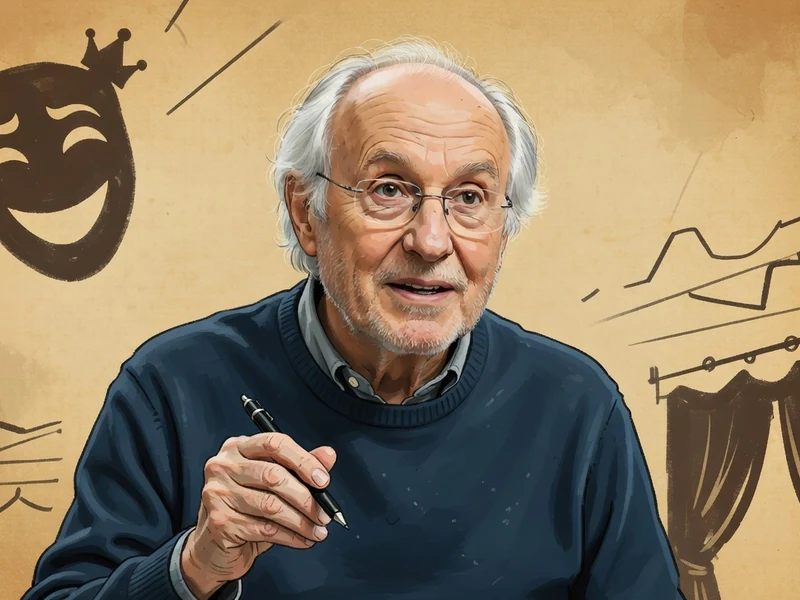 Olivier Saladin tient un stylo dans un décor théâtral avec masque et rideaux