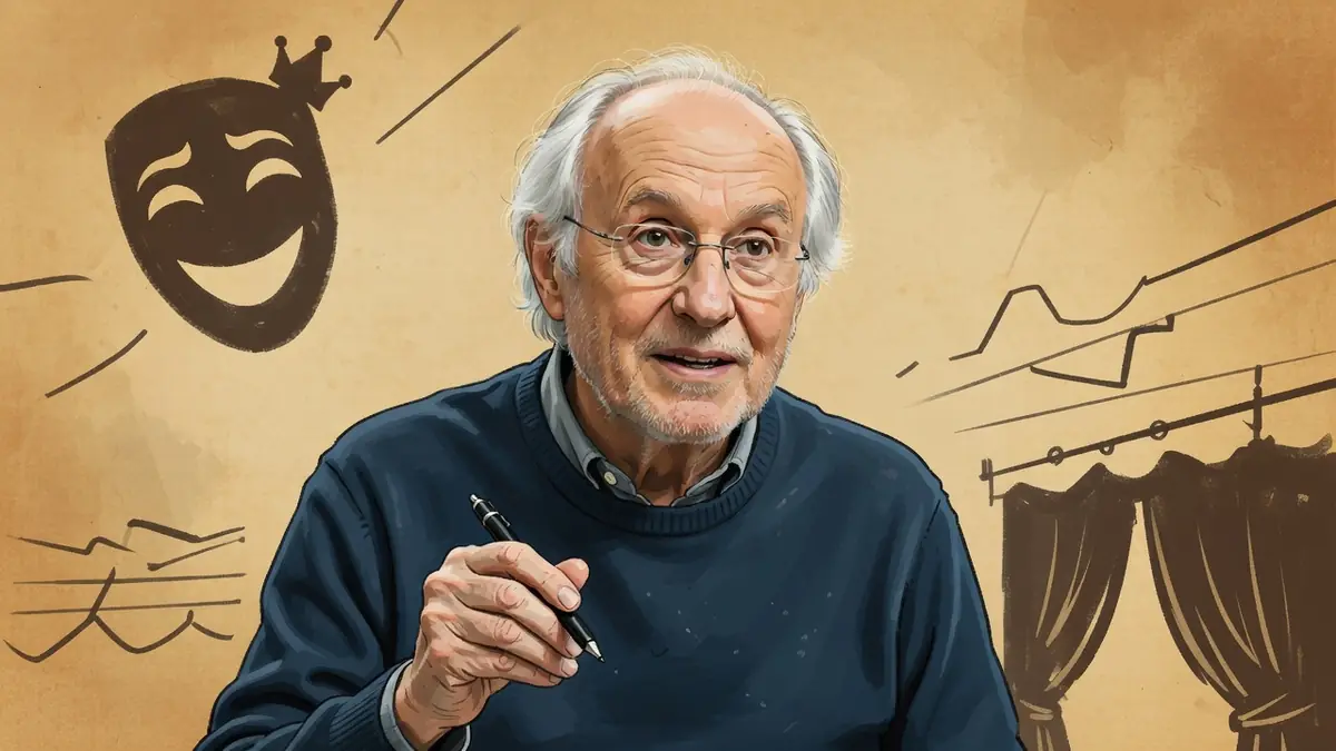 Olivier Saladin tient un stylo dans un décor théâtral avec masque et rideaux