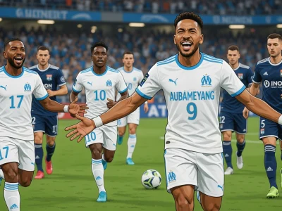 Des joueurs de l'OM célèbrent un but lors du match contre l'OL pour illustrer la Olympique de Marseille OL composition
