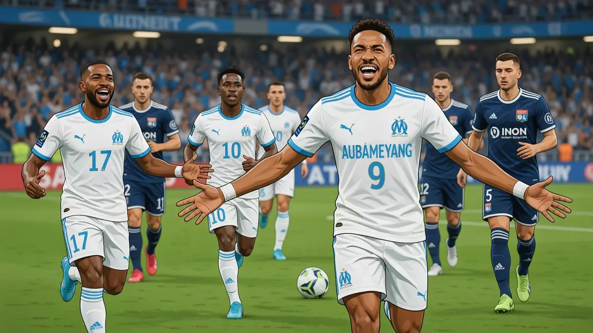 Des joueurs de l'OM célèbrent un but lors du match contre l'OL pour illustrer la Olympique de Marseille OL composition