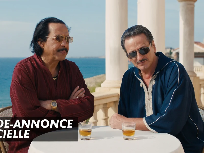 Deux hommes en djellabas et lunettes de soleil discutent à une table face à la mer dans le film omar La Fraise